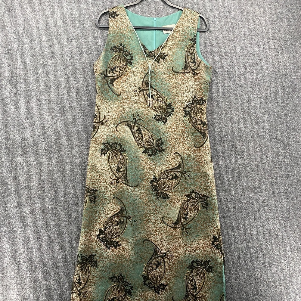 Vintage Kathie Lee Dress Medium Green Paisley V-Neck Sleeveless Long 90s‎ Y2K